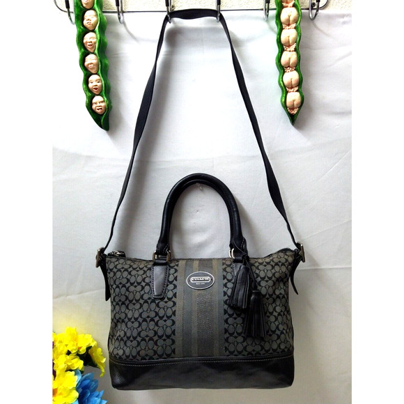 Coach Molly Signature Black Canvas Stripes Top Handles Zipper Satchel Bag - Picture 3 of 14